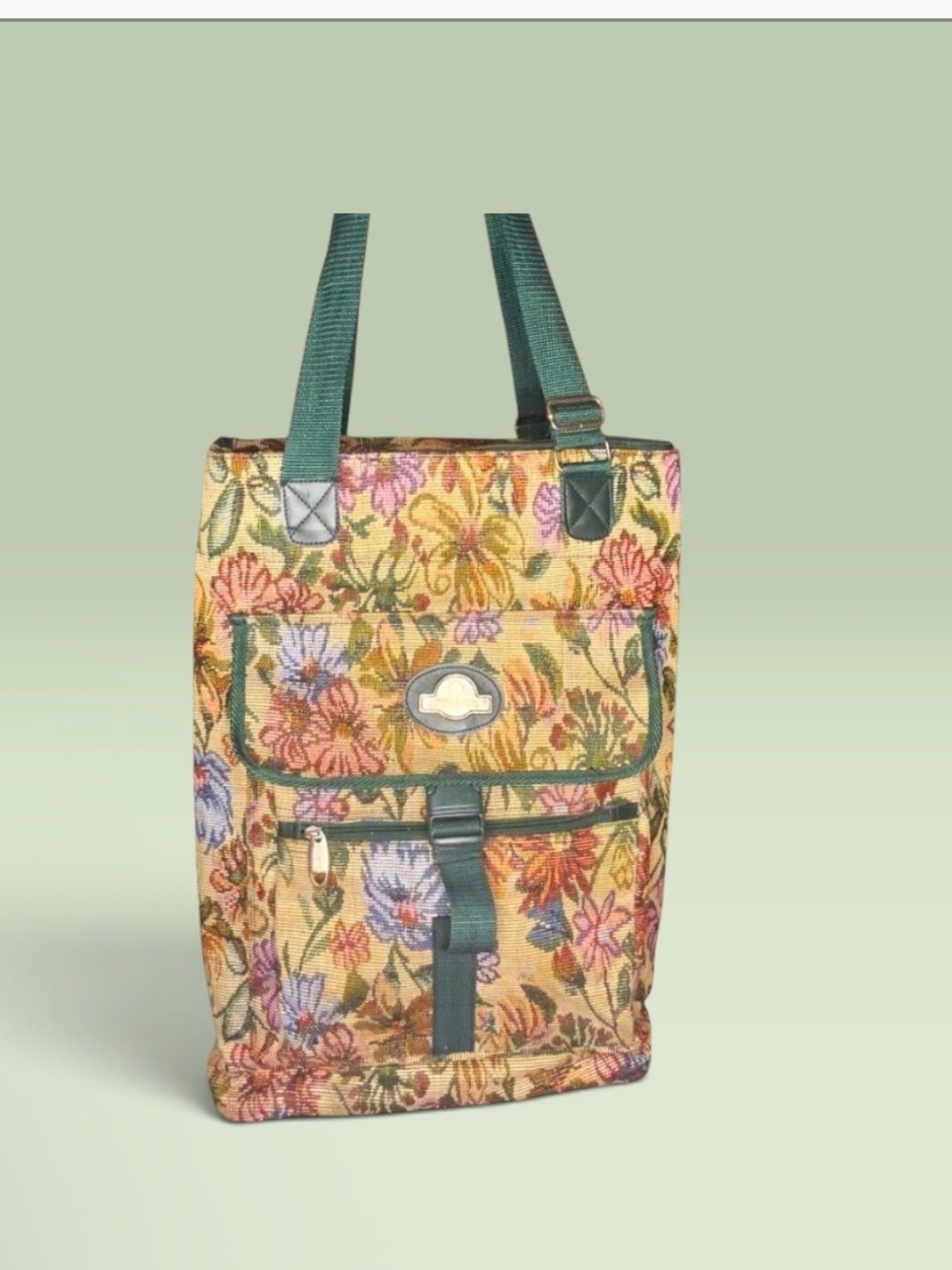 Vintage Tapestry Tote with Green Trim